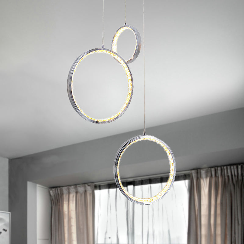 Minimalist Circle Crystal Hanging Ceiling Light 3 Lights Cluster Pendant in Chrome, Warm/White Light Clearhalo 'Ceiling Lights' 'Modern Pendants' 'Modern' 'Pendant Lights' 'Pendants' Lighting' 272504