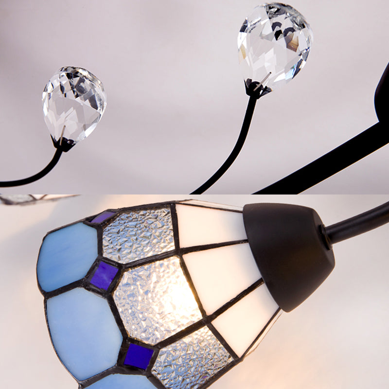 Stained Glass Bowl Semi Flush Light Tiffany Style 4 Heads Semi Flushmount in Blue/Orange for Bedroom Clearhalo 'Ceiling Lights' 'Close To Ceiling Lights' 'Close to ceiling' 'Glass shade' 'Glass' 'Semi-flushmount' 'Tiffany close to ceiling' 'Tiffany' Lighting' 27279