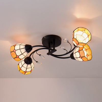 Stained Glass Bowl Semi Flush Light Tiffany Style 4 Heads Semi Flushmount in Blue/Orange for Bedroom Clearhalo 'Ceiling Lights' 'Close To Ceiling Lights' 'Close to ceiling' 'Glass shade' 'Glass' 'Semi-flushmount' 'Tiffany close to ceiling' 'Tiffany' Lighting' 27280