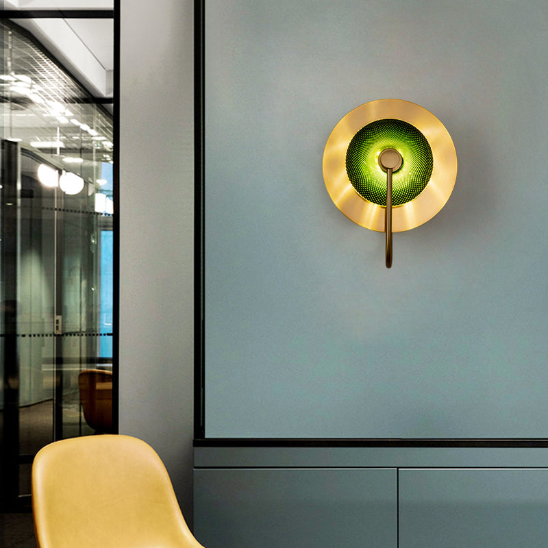 Bell Shape Wall Light Sconce Post Modern Green/Clear Prismatic Glass 1-Light Brass Wall Lamp Clearhalo 'Cast Iron' 'Glass' 'Industrial' 'Modern wall lights' 'Modern' 'Tiffany' 'Traditional wall lights' 'Wall Lamps & Sconces' 'Wall Lights' Lighting' 272966