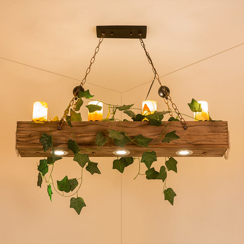 Wooden Linear Island Chandelier Light Farmhouse Style 4 Heads Brown Ceiling Light with Cylinder Shade Brown Clearhalo 'Ceiling Lights' 'Island Lights' Lighting' 272983