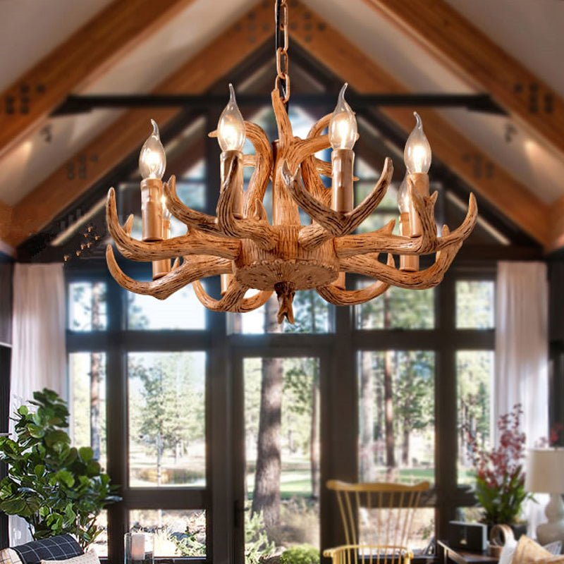Lodge Stylish Antlers Chandelier Lighting 8 Lights Resin Pendant Light Fixture with Open Bulb in Wood Wood Clearhalo 'Ceiling Lights' 'Chandeliers' Lighting' options 273007_e991c976-26fb-4874-a997-42341fb92c80