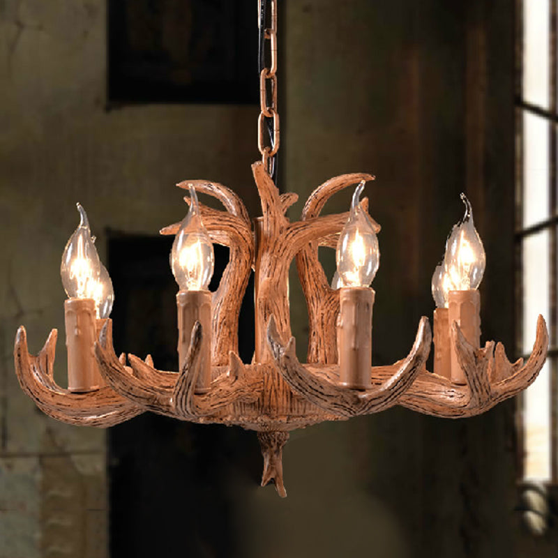 Lodge Stylish Antlers Chandelier Lighting 8 Lights Resin Pendant Light Fixture with Open Bulb in Wood Clearhalo 'Ceiling Lights' 'Chandeliers' Lighting' options 273008