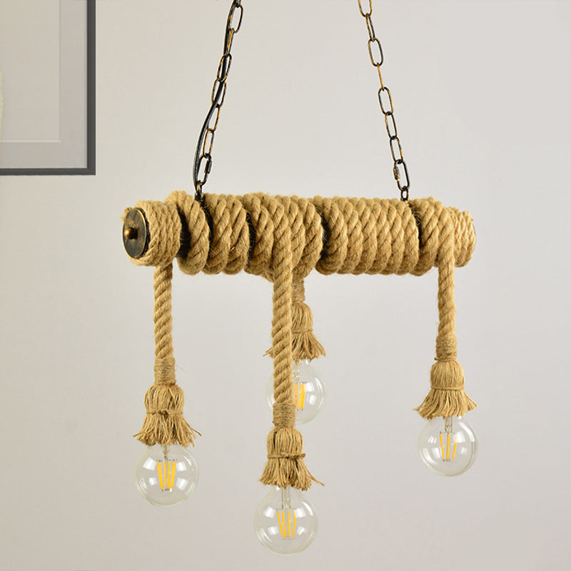 Open Bulb Dining Room Island Lamp Rope 4 Lights Industrial Style Hanging Island Light in Beige Clearhalo 'Ceiling Lights' 'Island Lights' Lighting' 273032