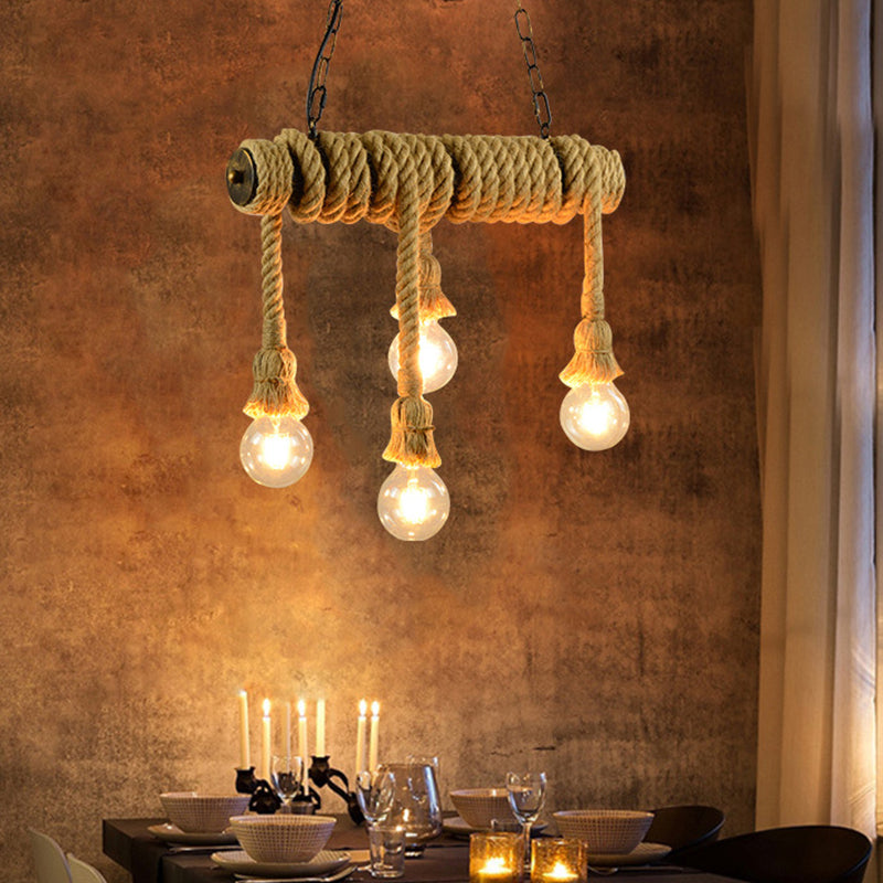 Open Bulb Dining Room Island Lamp Rope 4 Lights Industrial Style Hanging Island Light in Beige Clearhalo 'Ceiling Lights' 'Island Lights' Lighting' 273033