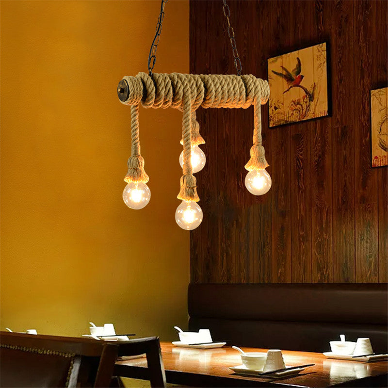 Open Bulb Dining Room Island Lamp Rope 4 Lights Industrial Style Hanging Island Light in Beige Clearhalo 'Ceiling Lights' 'Island Lights' Lighting' 273035
