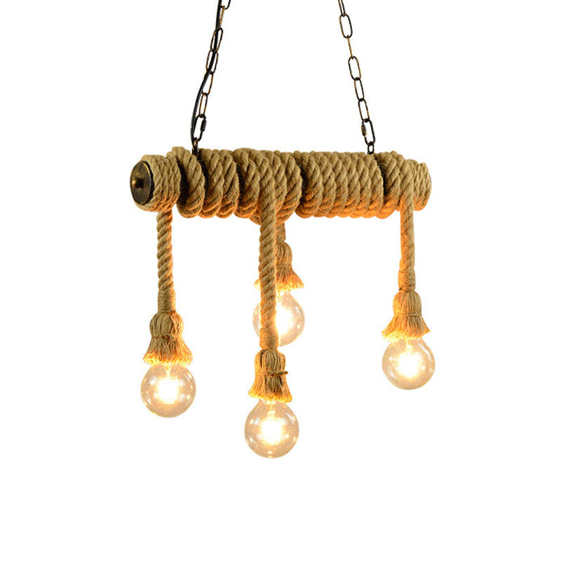 Open Bulb Dining Room Island Lamp Rope 4 Lights Industrial Style Hanging Island Light in Beige Clearhalo 'Ceiling Lights' 'Island Lights' Lighting' 273036