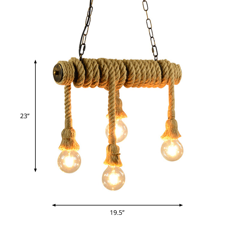 Open Bulb Dining Room Island Lamp Rope 4 Lights Industrial Style Hanging Island Light in Beige Clearhalo 'Ceiling Lights' 'Island Lights' Lighting' 273037