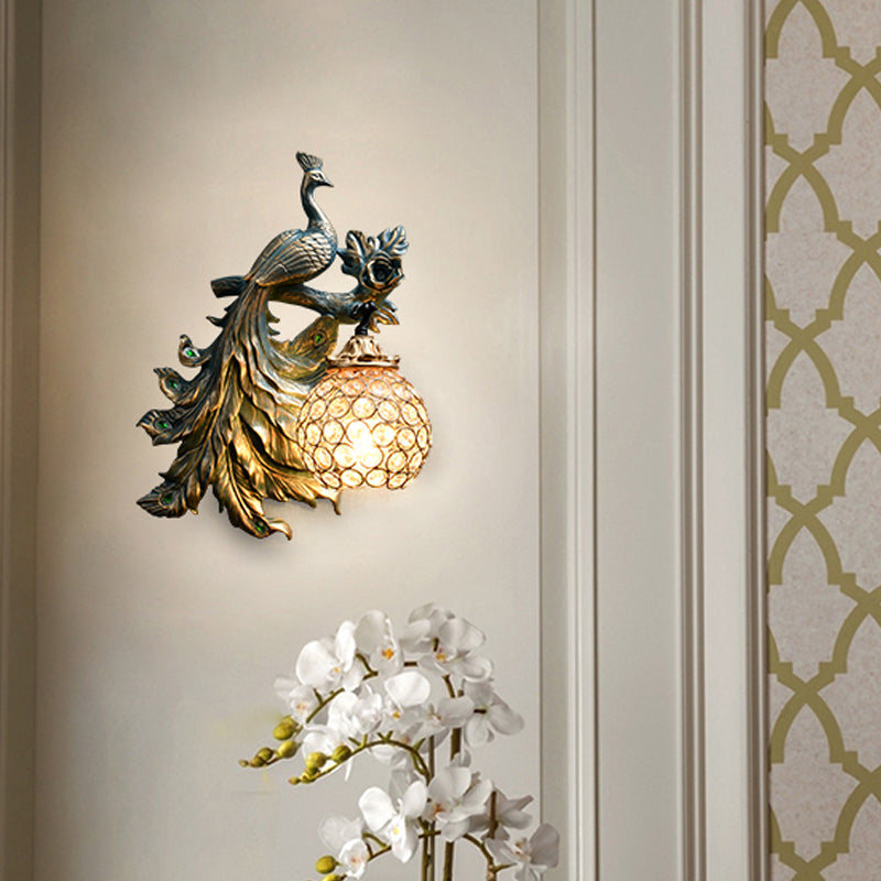 Country Peacock Wall Lighting Bronze Resin 1 Light Corridor Wall Sconce Lamp with Clear Crystal Dome Shade, Left/Right Bronze Left Clearhalo 'Wall Lamps & Sconces' 'Wall Lights' Lighting' 273039