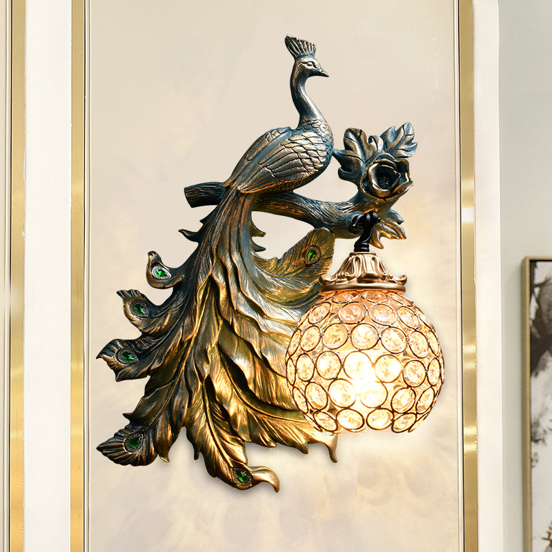 Country Peacock Wall Lighting Bronze Resin 1 Light Corridor Wall Sconce Lamp with Clear Crystal Dome Shade, Left/Right Clearhalo 'Wall Lamps & Sconces' 'Wall Lights' Lighting' 273040