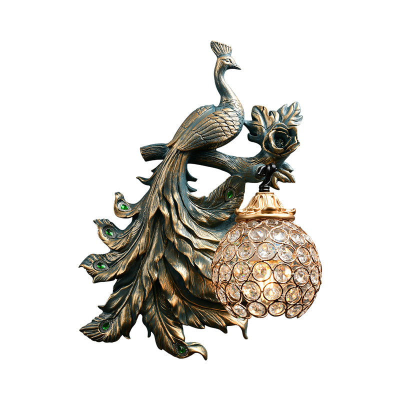 Country Peacock Wall Lighting Bronze Resin 1 Light Corridor Wall Sconce Lamp with Clear Crystal Dome Shade, Left/Right Clearhalo 'Wall Lamps & Sconces' 'Wall Lights' Lighting' 273042