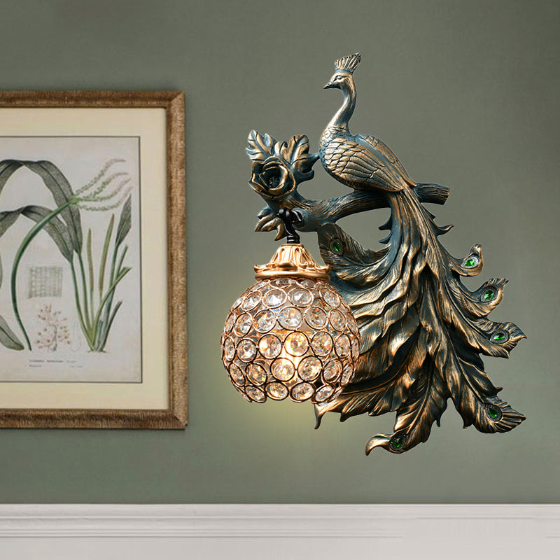 Country Peacock Wall Lighting Bronze Resin 1 Light Corridor Wall Sconce Lamp with Clear Crystal Dome Shade, Left/Right Bronze Right Clearhalo 'Wall Lamps & Sconces' 'Wall Lights' Lighting' 273045