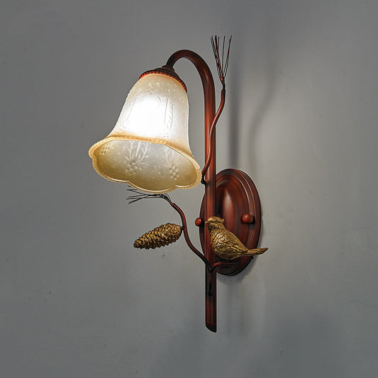 Bell Amber Glass Wall Lamp Country Style 1/2-Light Living Room Wall Sconce Fixture with Bird Accent in Copper Clearhalo 'Wall Lamps & Sconces' 'Wall Lights' Lighting' 273050