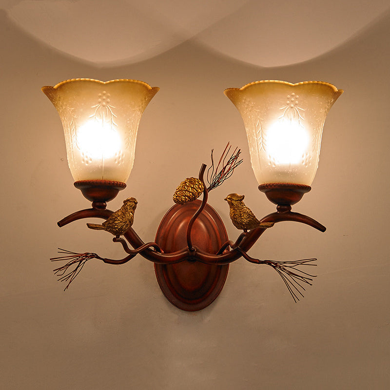 Bell Amber Glass Wall Lamp Country Style 1/2-Light Living Room Wall Sconce Fixture with Bird Accent in Copper 2.0 Copper Clearhalo 'Wall Lamps & Sconces' 'Wall Lights' Lighting' 273055