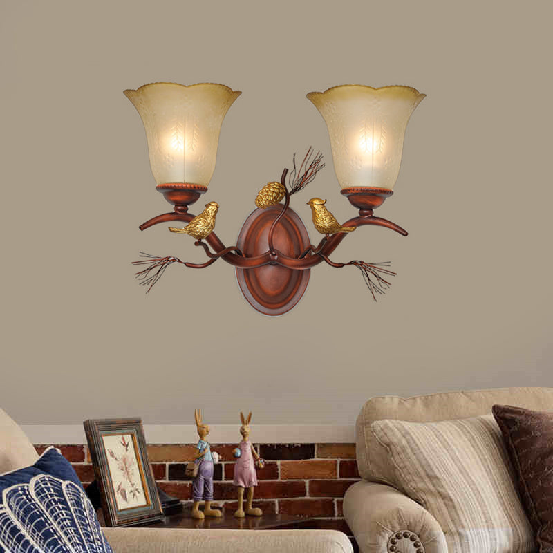 Bell Amber Glass Wall Lamp Country Style 1/2-Light Living Room Wall Sconce Fixture with Bird Accent in Copper Clearhalo 'Wall Lamps & Sconces' 'Wall Lights' Lighting' 273056