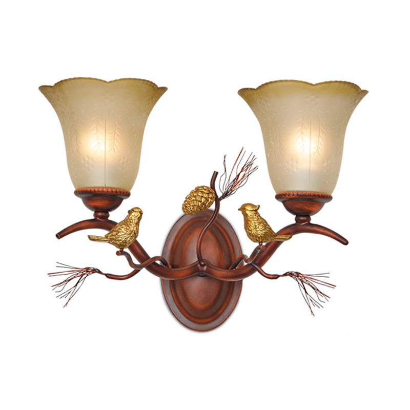 Bell Amber Glass Wall Lamp Country Style 1/2-Light Living Room Wall Sconce Fixture with Bird Accent in Copper Clearhalo 'Wall Lamps & Sconces' 'Wall Lights' Lighting' 273057