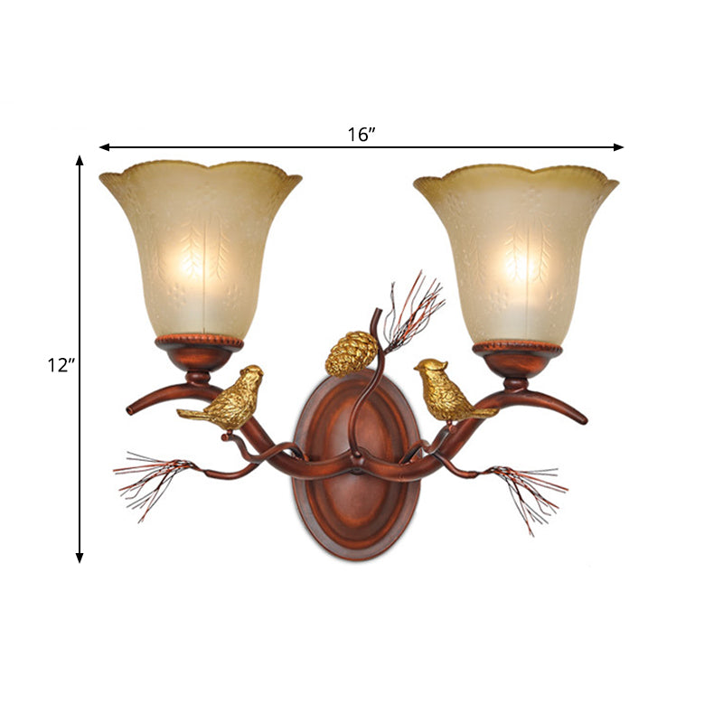 Bell Amber Glass Wall Lamp Country Style 1/2-Light Living Room Wall Sconce Fixture with Bird Accent in Copper Clearhalo 'Wall Lamps & Sconces' 'Wall Lights' Lighting' 273058