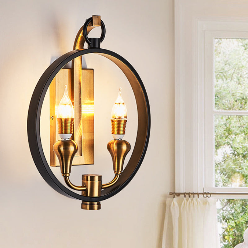 Black Ring Sconce Lighting Farmhouse Style Metal 2 Heads Corridor Wall Mounted Lamp with Bare Bulb Clearhalo 'Wall Lamps & Sconces' 'Wall Lights' Lighting' 273101