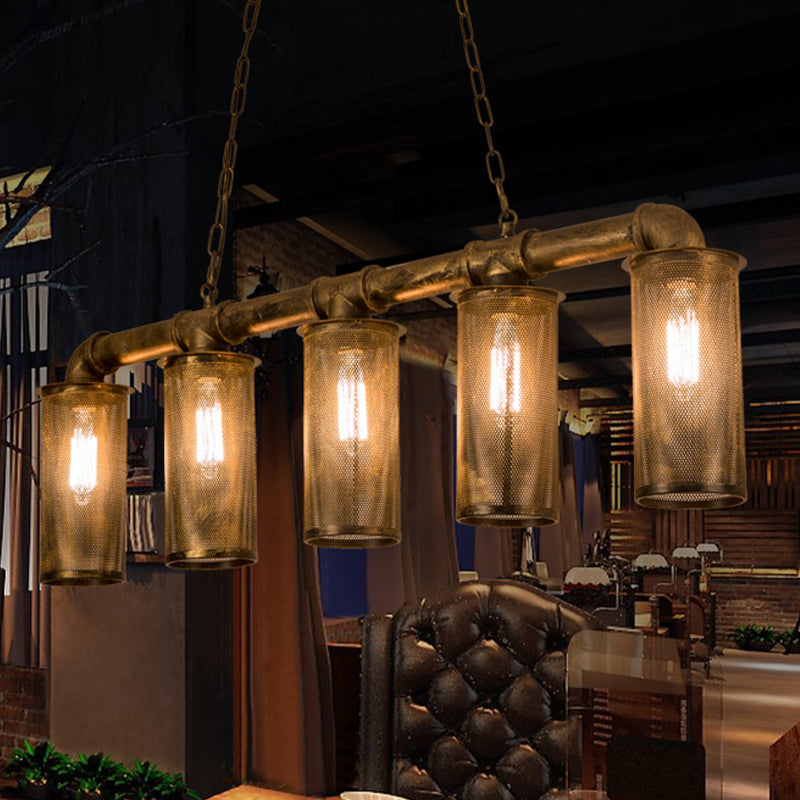Pipe Restaurant Pendant Lighting Wrought Iron 5 Heads Warehouse Brass Island Ceiling Light with Cylinder Mesh Shade Clearhalo 'Ceiling Lights' 'Island Lights' Lighting' 273107