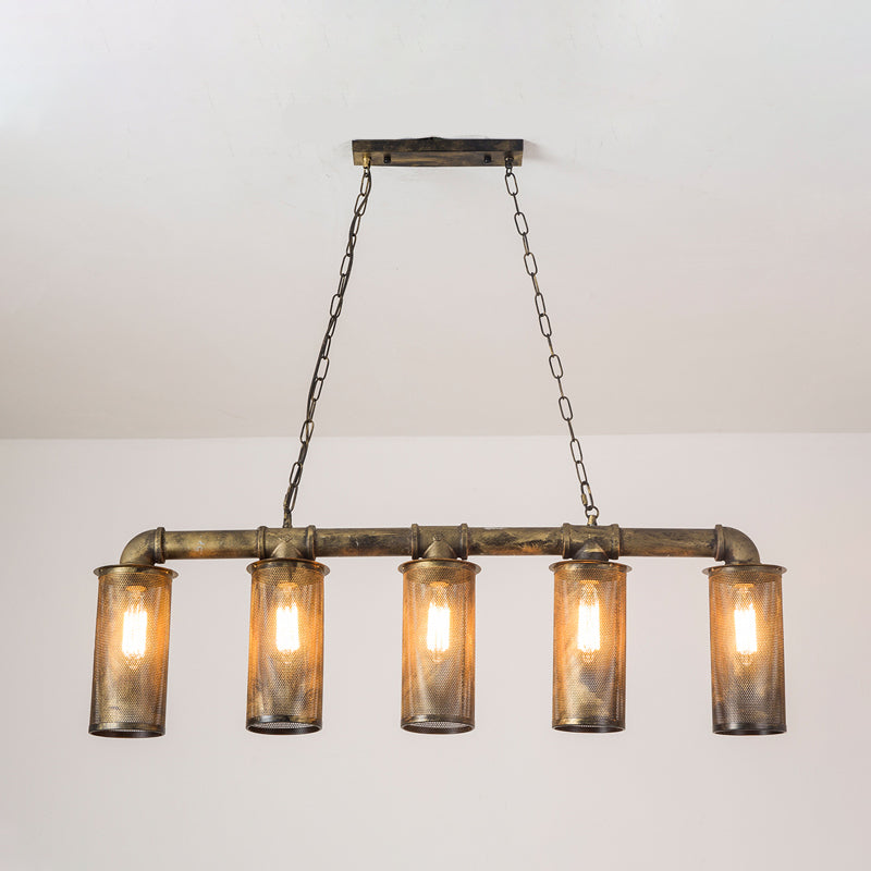Pipe Restaurant Pendant Lighting Wrought Iron 5 Heads Warehouse Brass Island Ceiling Light with Cylinder Mesh Shade Clearhalo 'Ceiling Lights' 'Island Lights' Lighting' 273108