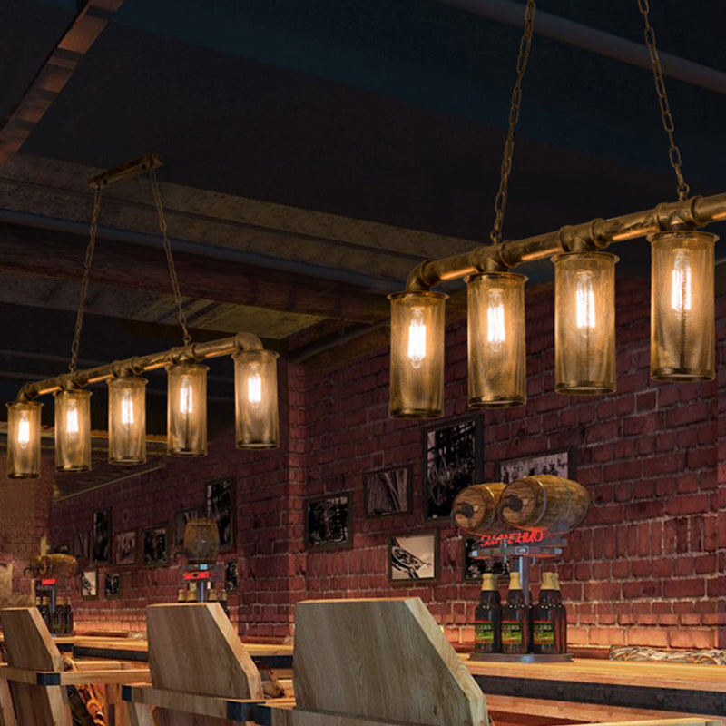Pipe Restaurant Pendant Lighting Wrought Iron 5 Heads Warehouse Brass Island Ceiling Light with Cylinder Mesh Shade Clearhalo 'Ceiling Lights' 'Island Lights' Lighting' 273110