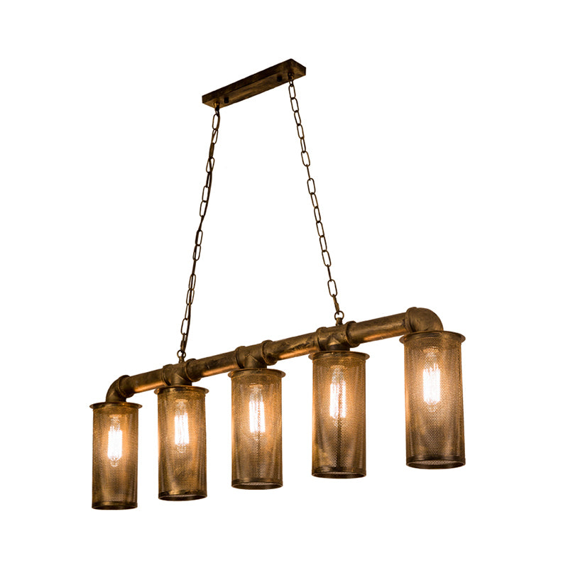 Pipe Restaurant Pendant Lighting Wrought Iron 5 Heads Warehouse Brass Island Ceiling Light with Cylinder Mesh Shade Clearhalo 'Ceiling Lights' 'Island Lights' Lighting' 273111