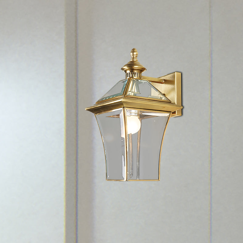 Traditional Lantern Sconce Light 1-Bulb Metal Wall Lighting Fixture in Gold for Outdoor Gold Clearhalo 'Wall Lamps & Sconces' 'Wall Lights' Lighting' 273146