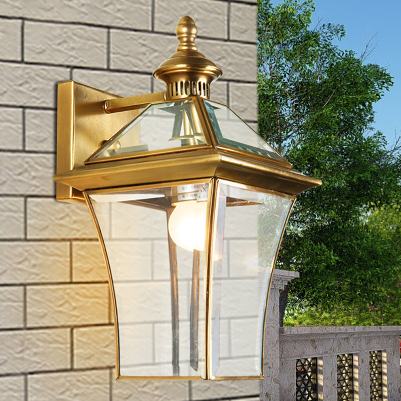 Traditional Lantern Sconce Light 1-Bulb Metal Wall Lighting Fixture in Gold for Outdoor Clearhalo 'Wall Lamps & Sconces' 'Wall Lights' Lighting' 273147