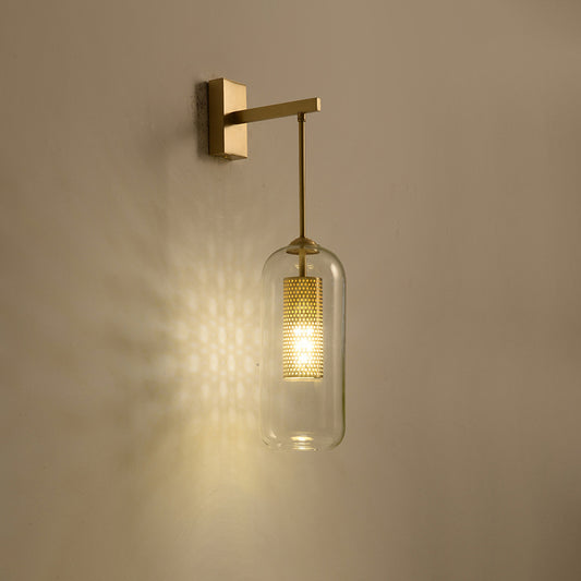 Golden Cylinder Wall Mount Lamp Simple 1 Bulb Clear Glass Sconce Light Fixture for Bedroom Gold Clearhalo 'Cast Iron' 'Glass' 'Industrial' 'Modern wall lights' 'Modern' 'Tiffany' 'Traditional wall lights' 'Wall Lamps & Sconces' 'Wall Lights' Lighting' 273185