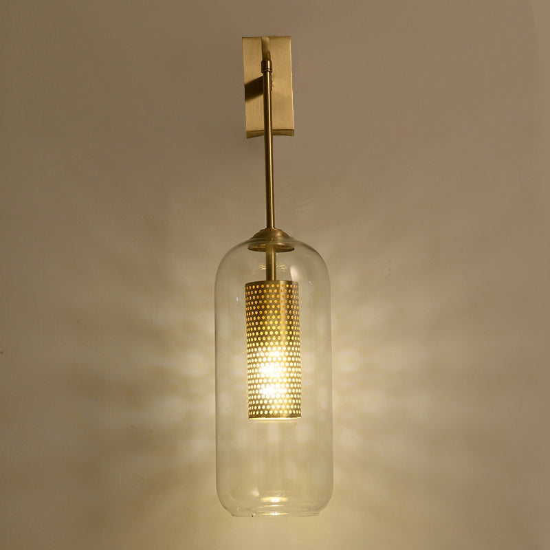 Golden Cylinder Wall Mount Lamp Simple 1 Bulb Clear Glass Sconce Light Fixture for Bedroom Clearhalo 'Cast Iron' 'Glass' 'Industrial' 'Modern wall lights' 'Modern' 'Tiffany' 'Traditional wall lights' 'Wall Lamps & Sconces' 'Wall Lights' Lighting' 273186