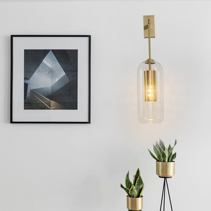 Golden Cylinder Wall Mount Lamp Simple 1 Bulb Clear Glass Sconce Light Fixture for Bedroom Clearhalo 'Cast Iron' 'Glass' 'Industrial' 'Modern wall lights' 'Modern' 'Tiffany' 'Traditional wall lights' 'Wall Lamps & Sconces' 'Wall Lights' Lighting' 273187