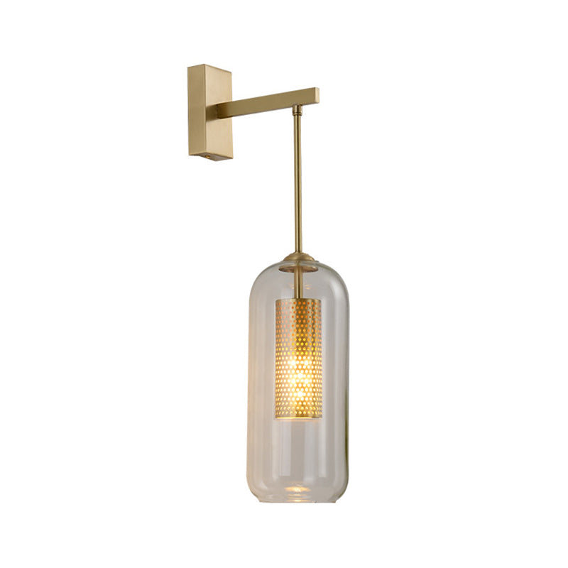 Golden Cylinder Wall Mount Lamp Simple 1 Bulb Clear Glass Sconce Light Fixture for Bedroom Clearhalo 'Cast Iron' 'Glass' 'Industrial' 'Modern wall lights' 'Modern' 'Tiffany' 'Traditional wall lights' 'Wall Lamps & Sconces' 'Wall Lights' Lighting' 273190