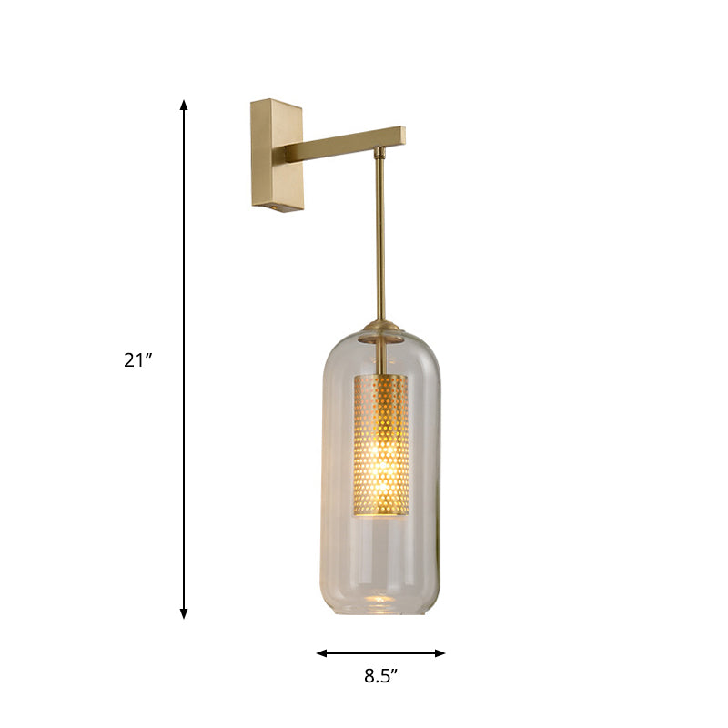Golden Cylinder Wall Mount Lamp Simple 1 Bulb Clear Glass Sconce Light Fixture for Bedroom Clearhalo 'Cast Iron' 'Glass' 'Industrial' 'Modern wall lights' 'Modern' 'Tiffany' 'Traditional wall lights' 'Wall Lamps & Sconces' 'Wall Lights' Lighting' 273191