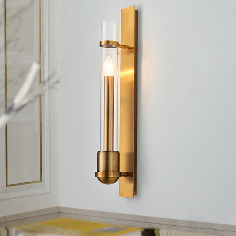 Tubular Clear Glass Wall Sconce Modernism Single Brass Wall Mounted Light Fixture Brass Clearhalo 'Cast Iron' 'Glass' 'Industrial' 'Modern wall lights' 'Modern' 'Tiffany' 'Traditional wall lights' 'Wall Lamps & Sconces' 'Wall Lights' Lighting' 273211