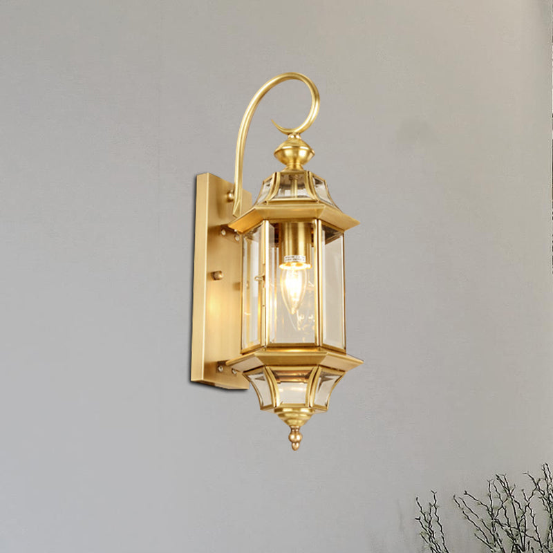 Lantern Living Room Wall Lamp Traditional Metal 1 Head Gold Wall Mounted Light with Clear Glass Shade Gold Clearhalo 'Wall Lamps & Sconces' 'Wall Lights' Lighting' 273251