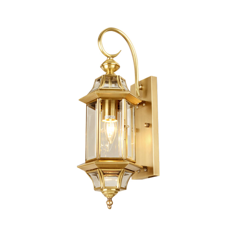 Lantern Living Room Wall Lamp Traditional Metal 1 Head Gold Wall Mounted Light with Clear Glass Shade Clearhalo 'Wall Lamps & Sconces' 'Wall Lights' Lighting' 273254