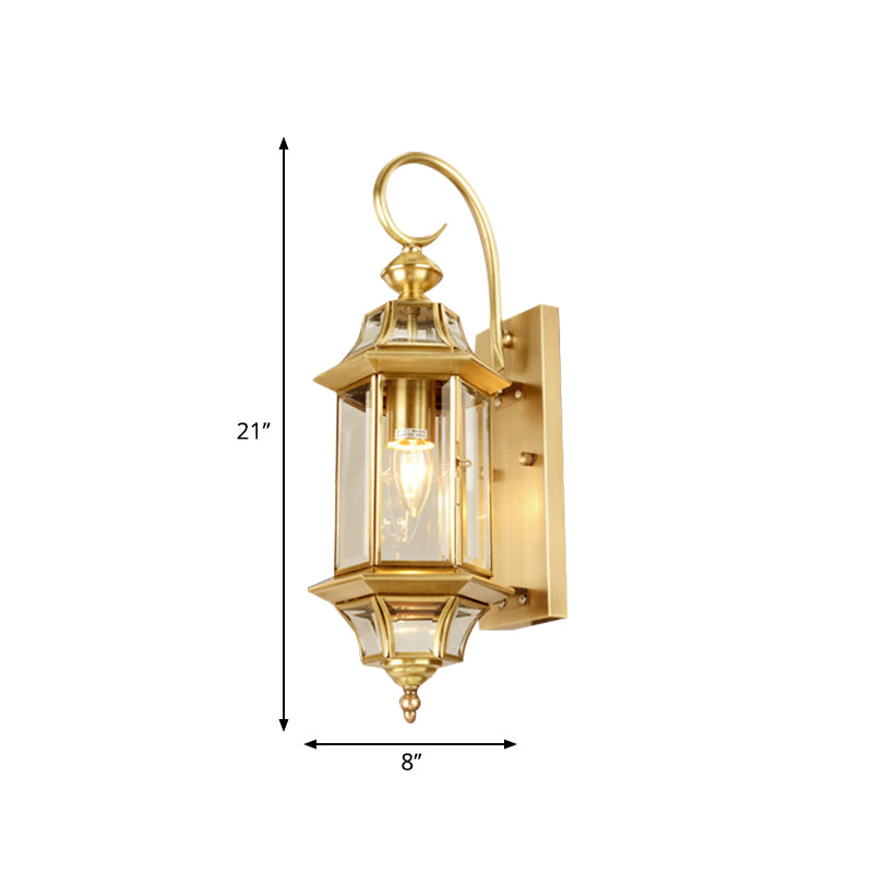 Lantern Living Room Wall Lamp Traditional Metal 1 Head Gold Wall Mounted Light with Clear Glass Shade Clearhalo 'Wall Lamps & Sconces' 'Wall Lights' Lighting' 273255