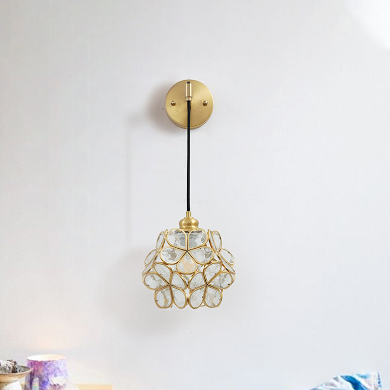 Modernist 1 Bulb Bedside Sconce Light Brass Floral Ball Wall Mount Lamp with Pink/Clear/Light Pink Glass Shade Clear Clearhalo 'Cast Iron' 'Glass' 'Industrial' 'Modern wall lights' 'Modern' 'Tiffany' 'Traditional wall lights' 'Wall Lamps & Sconces' 'Wall Lights' Lighting' 273288