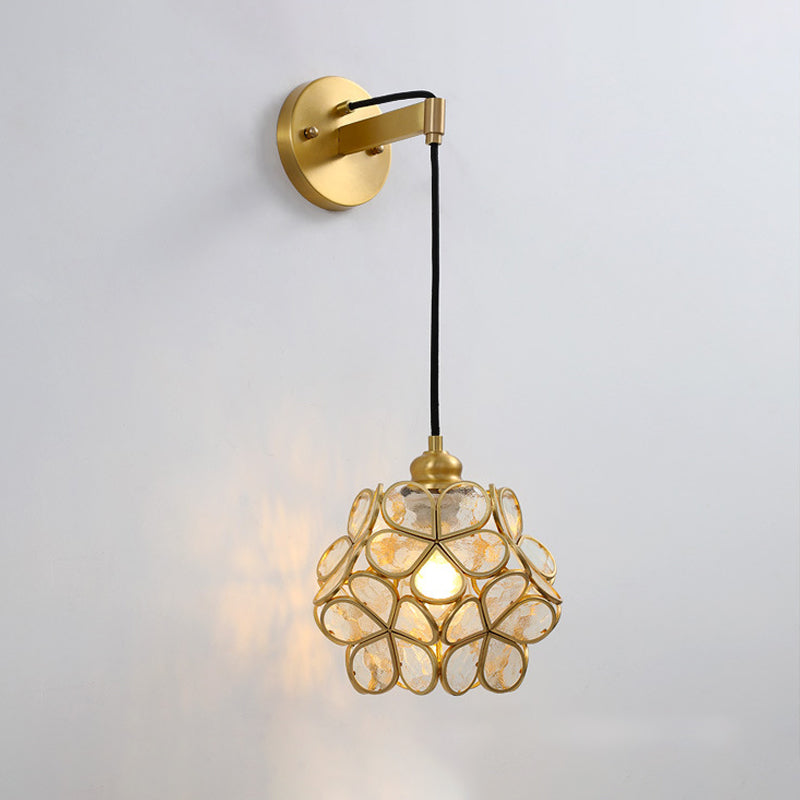 Modernist 1 Bulb Bedside Sconce Light Brass Floral Ball Wall Mount Lamp with Pink/Clear/Light Pink Glass Shade Clearhalo 'Cast Iron' 'Glass' 'Industrial' 'Modern wall lights' 'Modern' 'Tiffany' 'Traditional wall lights' 'Wall Lamps & Sconces' 'Wall Lights' Lighting' 273289