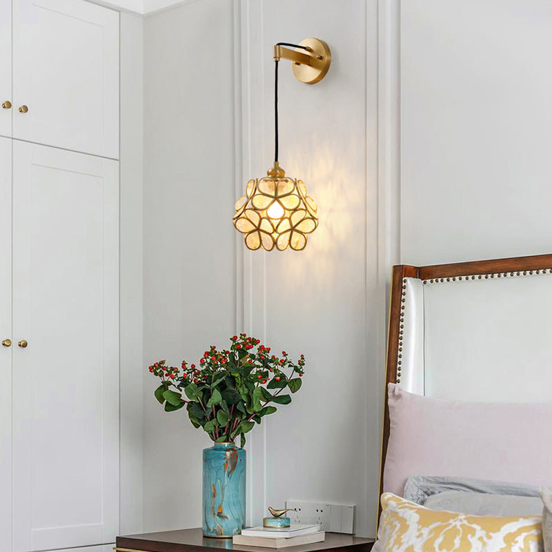 Modernist 1 Bulb Bedside Sconce Light Brass Floral Ball Wall Mount Lamp with Pink/Clear/Light Pink Glass Shade Clearhalo 'Cast Iron' 'Glass' 'Industrial' 'Modern wall lights' 'Modern' 'Tiffany' 'Traditional wall lights' 'Wall Lamps & Sconces' 'Wall Lights' Lighting' 273290