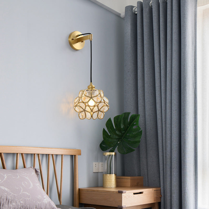 Modernist 1 Bulb Bedside Sconce Light Brass Floral Ball Wall Mount Lamp with Pink/Clear/Light Pink Glass Shade Clearhalo 'Cast Iron' 'Glass' 'Industrial' 'Modern wall lights' 'Modern' 'Tiffany' 'Traditional wall lights' 'Wall Lamps & Sconces' 'Wall Lights' Lighting' 273291