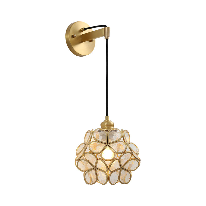 Modernist 1 Bulb Bedside Sconce Light Brass Floral Ball Wall Mount Lamp with Pink/Clear/Light Pink Glass Shade Clearhalo 'Cast Iron' 'Glass' 'Industrial' 'Modern wall lights' 'Modern' 'Tiffany' 'Traditional wall lights' 'Wall Lamps & Sconces' 'Wall Lights' Lighting' 273292