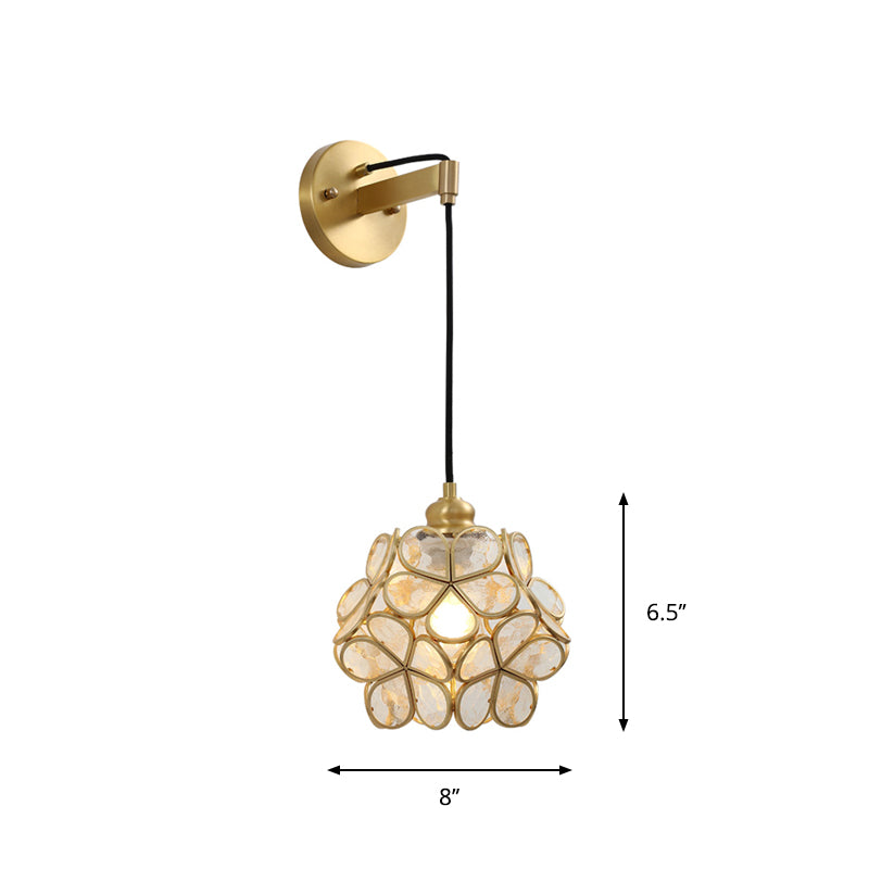 Modernist 1 Bulb Bedside Sconce Light Brass Floral Ball Wall Mount Lamp with Pink/Clear/Light Pink Glass Shade Clearhalo 'Cast Iron' 'Glass' 'Industrial' 'Modern wall lights' 'Modern' 'Tiffany' 'Traditional wall lights' 'Wall Lamps & Sconces' 'Wall Lights' Lighting' 273293