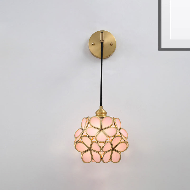 Modernist 1 Bulb Bedside Sconce Light Brass Floral Ball Wall Mount Lamp with Pink/Clear/Light Pink Glass Shade Pink Clearhalo 'Cast Iron' 'Glass' 'Industrial' 'Modern wall lights' 'Modern' 'Tiffany' 'Traditional wall lights' 'Wall Lamps & Sconces' 'Wall Lights' Lighting' 273294