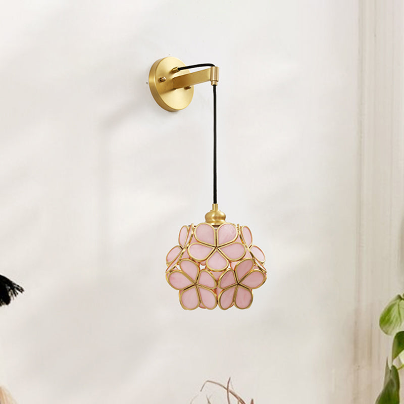 Modernist 1 Bulb Bedside Sconce Light Brass Floral Ball Wall Mount Lamp with Pink/Clear/Light Pink Glass Shade Clearhalo 'Cast Iron' 'Glass' 'Industrial' 'Modern wall lights' 'Modern' 'Tiffany' 'Traditional wall lights' 'Wall Lamps & Sconces' 'Wall Lights' Lighting' 273295