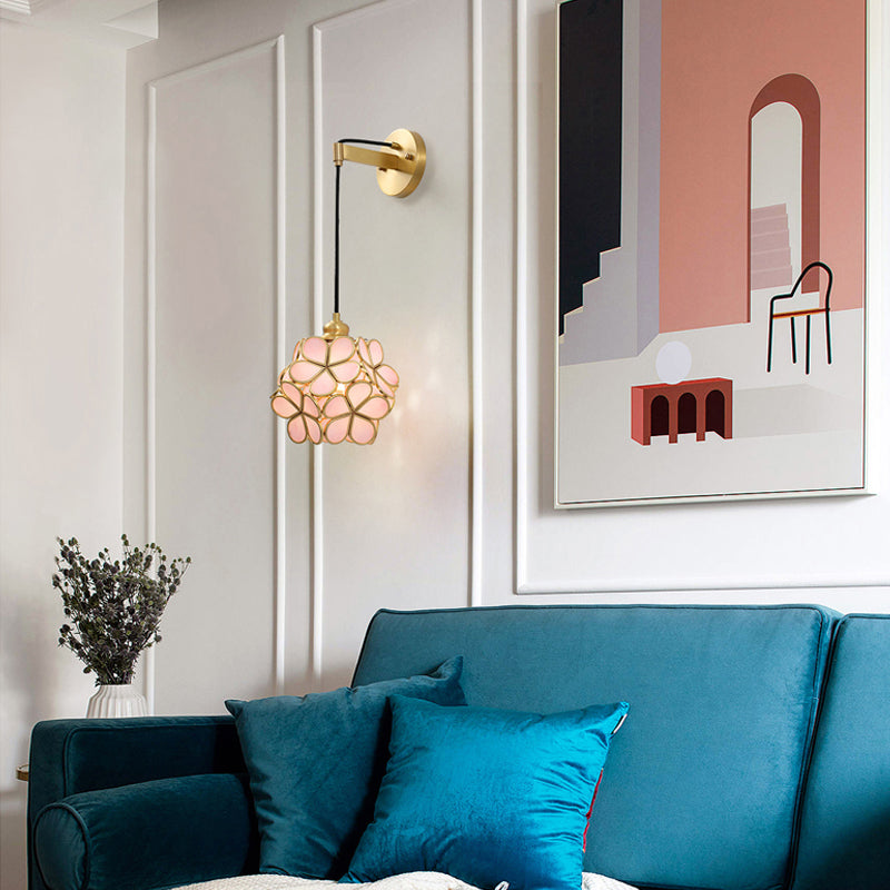 Modernist 1 Bulb Bedside Sconce Light Brass Floral Ball Wall Mount Lamp with Pink/Clear/Light Pink Glass Shade Clearhalo 'Cast Iron' 'Glass' 'Industrial' 'Modern wall lights' 'Modern' 'Tiffany' 'Traditional wall lights' 'Wall Lamps & Sconces' 'Wall Lights' Lighting' 273296