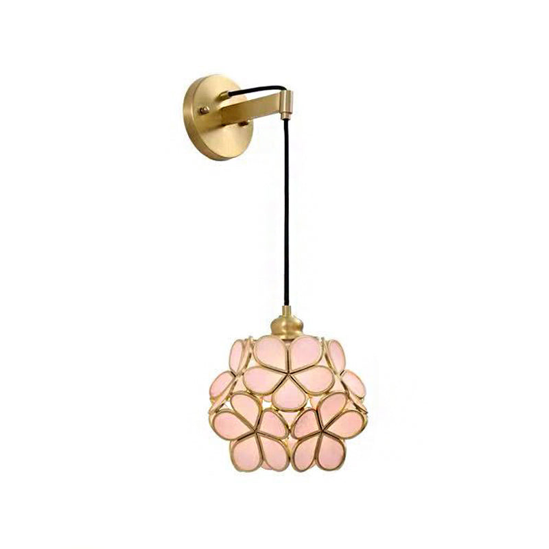 Modernist 1 Bulb Bedside Sconce Light Brass Floral Ball Wall Mount Lamp with Pink/Clear/Light Pink Glass Shade Clearhalo 'Cast Iron' 'Glass' 'Industrial' 'Modern wall lights' 'Modern' 'Tiffany' 'Traditional wall lights' 'Wall Lamps & Sconces' 'Wall Lights' Lighting' 273299