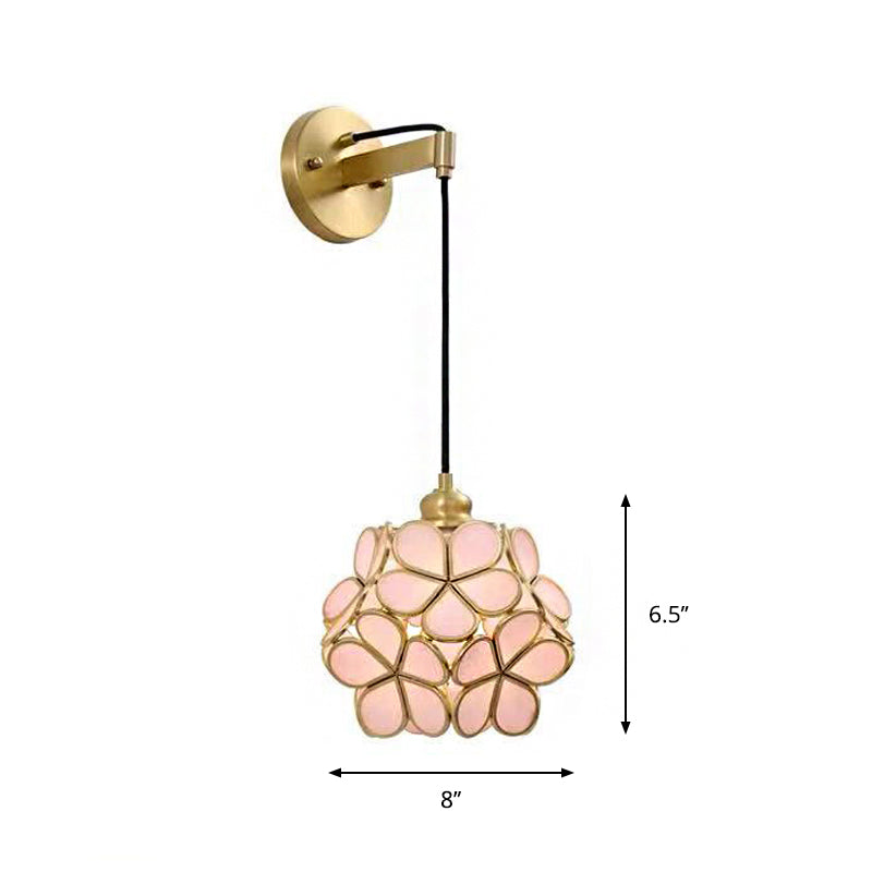 Modernist 1 Bulb Bedside Sconce Light Brass Floral Ball Wall Mount Lamp with Pink/Clear/Light Pink Glass Shade Clearhalo 'Cast Iron' 'Glass' 'Industrial' 'Modern wall lights' 'Modern' 'Tiffany' 'Traditional wall lights' 'Wall Lamps & Sconces' 'Wall Lights' Lighting' 273300