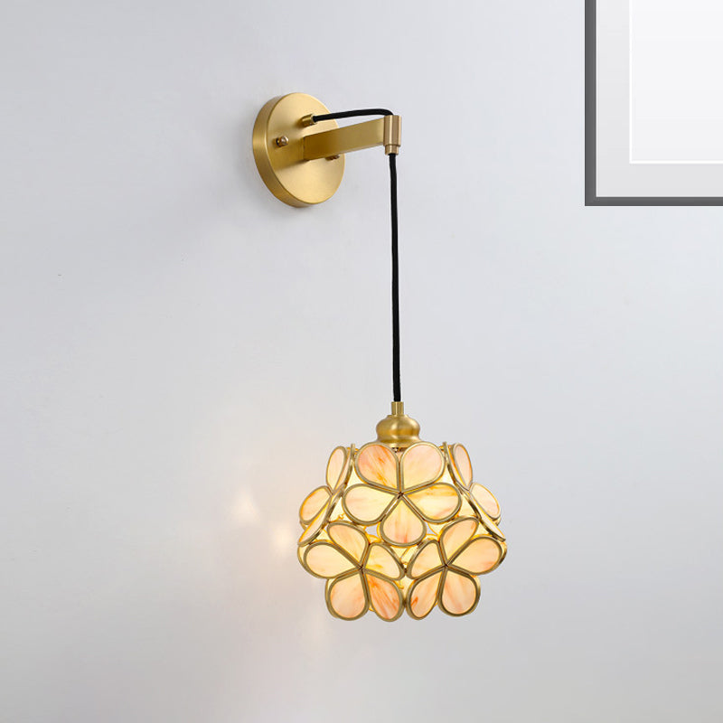 Modernist 1 Bulb Bedside Sconce Light Brass Floral Ball Wall Mount Lamp with Pink/Clear/Light Pink Glass Shade Light Pink Clearhalo 'Cast Iron' 'Glass' 'Industrial' 'Modern wall lights' 'Modern' 'Tiffany' 'Traditional wall lights' 'Wall Lamps & Sconces' 'Wall Lights' Lighting' 273301