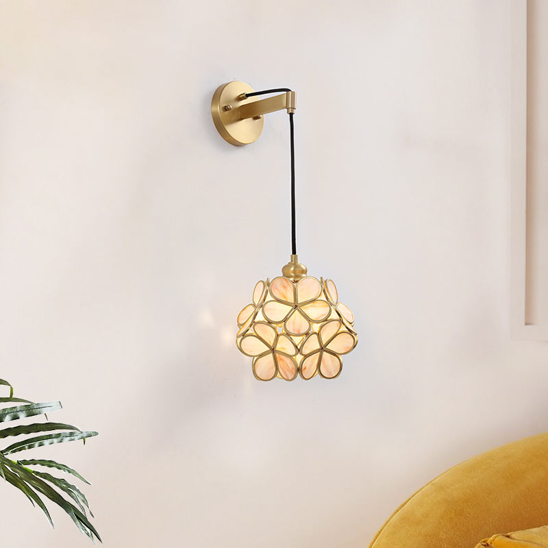 Modernist 1 Bulb Bedside Sconce Light Brass Floral Ball Wall Mount Lamp with Pink/Clear/Light Pink Glass Shade Clearhalo 'Cast Iron' 'Glass' 'Industrial' 'Modern wall lights' 'Modern' 'Tiffany' 'Traditional wall lights' 'Wall Lamps & Sconces' 'Wall Lights' Lighting' 273303